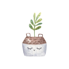 home flower with a twig in a flowerpot with a cute face and eyes, childrens watercolor illustration on a white background