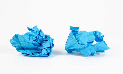 crumpled ball of blue paper on white background, element for designer
