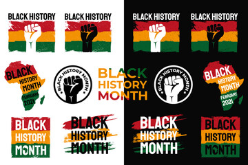 Black History Month. African American History. Celebrated annual. In February in United States and Canada. lables on dark and light backgrounds