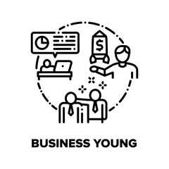 Business Young Vector Icon Concept. Business Relationship Team Employees And Growth Result, Researching Company Results And Calculating Profit, Startup And Innovation Black Illustration