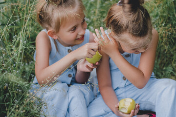 Portrait of sisters in the field 10 years old eating apples