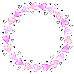 Hand drawn round frame, border from watercolor hearts. Romance symbol of love, background, decoration for invitation, Valentine's day, greeting card, wedding