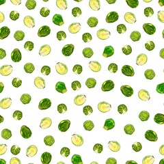 Seamless background of brussels sprouts. Fresh organic and healthy, diet and vegetarian food. Vector illustration isolated on white background.