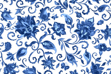 Paisley watercolor floral pattern tile: flowers, flores, tulips, leaves. Oriental indian traditional hand painted water color whimsical seamless print, ceramic design. Abstract india batik background