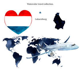 Watercolor hand drawn flag and map of Netherlands.Blue world map with airplane isolated on white background.Watercolor travel collection.