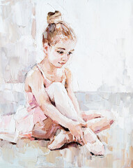 Little ballerina with curly hair sits and fastens pointe shoes on a white background. Oil painting, palette knife technique and brush.