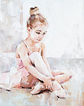 Fototapeta Little ballerina with curly hair sits and fastens pointe shoes on a white background. Oil painting, palette knife technique and brush.