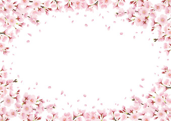一面の桜、桜並木を見上げる風景イラスト 飾り、フレーム、周りに装飾（横長 A3・A4比率）