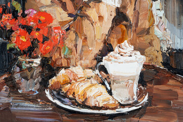 The girl is sitting in a cafe. There are coffee and a croissant on the table. Pensive woman near a vase of flowers. Fragment of oil painting on canvas..