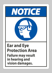 Notice Sign Ear And Eye Protection Area, Failure May Result In Hearing And Vision Damages
