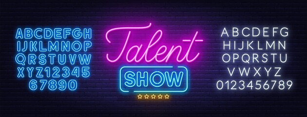 Talent show neon sign on brick wall background. Blue and white neon alphabets. Template for the design.