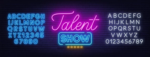 Fotobehang Talent show neon sign on brick wall background. Blue and white neon alphabets. Template for the design. © TanyaFox