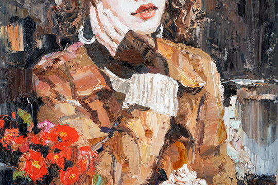 The girl is sitting in a cafe. There are coffee and a croissant on the table. Pensive woman near a vase of flowers. Fragment of oil painting on canvas..