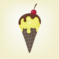 Ice cream with flat vector illustration in cartoon style. Yellow ball of melting ice cream in a waffle cone. Dark chocolate and ripe cherries on top. Favorite delicious dessert