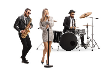 Music band of  drummer, sax player and a female singer