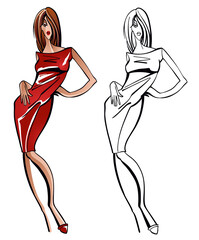 Vector fashion illustration of attractive model girl in trendy red dress, posing.