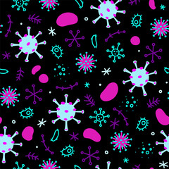 Pattern black Coronavirus, bacteria and viruses. Microcosm, cartoon images of microbes.