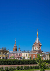 The historical center of Yaroslavl. Sunny day. 19th century buildings. Alexander Nevsky Chapel