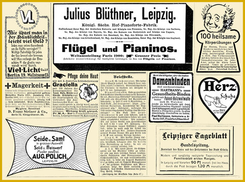 Commercial advertising page in German with many promotion banners and vignettes dated 1908 from Deutsche Moden Zeitung magazine