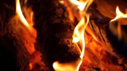 Burning Log Fire Flames in Fireplace Close-up Slow Motion
