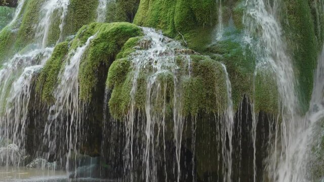 Wild fresh water of Bigar waterfall refreshing the green moss on the Nera mountain rocks
