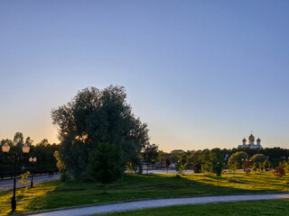 Summer evening. Volga embankment is the pearl of Yaroslavl. Park on the Arrow