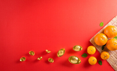 Top view for Happy Chinese new year or Lunar new year festival decorations on a red background. ( Chinese characters 
