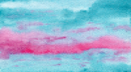 Abstract bright pixel vector pink and turquoise blue cloudscape watercolor background. Sunset candy sky illustration for travel design, banner, greeting cards