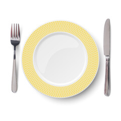 Empty vector yellow plate with geometric white pattern and knife and fork isolated on white background. View from above.