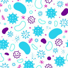 Pattern black Coronavirus, bacteria and viruses. Microcosm, cartoon images of microbes.