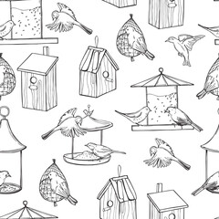 Bird feeders, birdhouses and birds. Vector   pattern.
