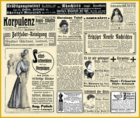 Commercial advertising page in German with many promotion banners and vignettes dated 1908 from Deutsche Moden Zeitung magazine