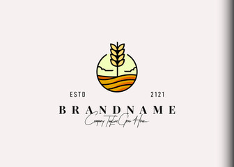 Wheat field logo design. Vector illustration of wheat agriculture monoline design. Modern vintage icon design template with line art style.