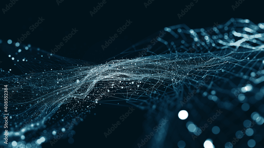 Fototapete Big data and cybersecurity 3D illustration. Neural networks and artificial intelligence. Information Waves and Global Database. Abstract technological background