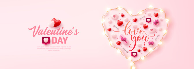 Happy Valentine's Day Poster or banner with symbol of heart from LED String lights and valentine elements on pink background. Promotion and shopping template for love and Valentine's day concept. - obrazy, fototapety, plakaty