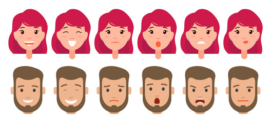 Fototapeta premium Collection of female and male heads with different emotions. Pretty young girl with pink short hairstyle. Bearded young guy. Young woman and man smiling, happy, sad, surprised, angry, confused