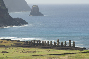 View of the Ahu Tongariki and island's coast from the top of the Rano Raraku' volcano, Easter...