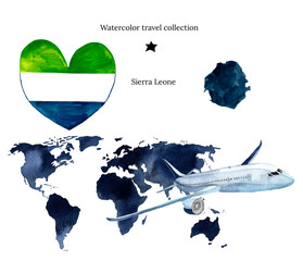 Watercolor hand drawn flag and map of Sierra Leone.Blue world map with airplane isolated on white background.Watercolor travel collection.