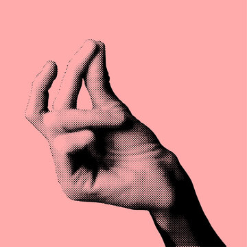 Abstract hand gesture vector shape illustration with snapping fingers combination made from small round black dots in pink background with copy space
