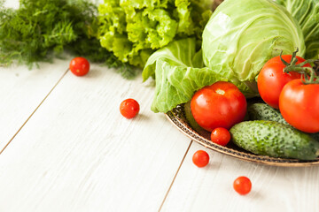 Healthy food concept. Fresh vegetables on a white wooden background. Healthy eating. View from above. Copy space.