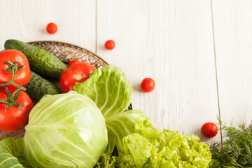Healthy food concept. Fresh vegetables on a white wooden background. Healthy eating. View from above. Copy space.