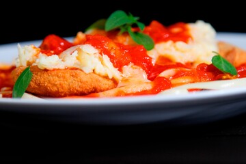 Massa bolonhesa dos espaguetes com molho de tomate, filé de carne, filé frango, vegetais, legumes e carne triturada.