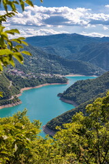 Naklejka na ściany i meble The famous Piva Canyon with its fantastic reservoir. National park Montenegro.Scenic image of popular travel destination. Discover the beauty of earth.
