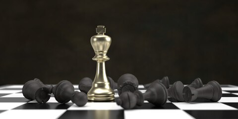 Leader winner success business concept in 3D rendering: Illustration of golden king chess in the middle with overthrow black mat pawn pieces on game board with black background