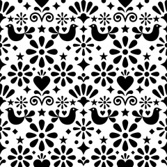 Naklejka premium Mexican folk art vector seamless pattern, black and white textile of fabric print design with flowers, birds and hearts