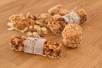 Muesli cereal snacks pressed from puffed cornes and nuts. Ideal breakfast or lunch.
