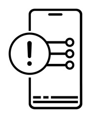 Icon. Smartphone shows warning message on screen with exclamation mark. Mobile phone error. Menu for selecting next action. Vector