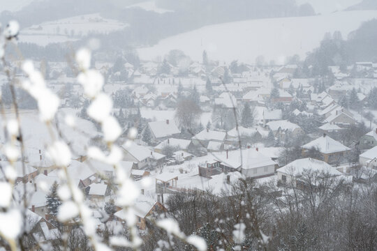 Winter in Bakonybel, a small touristic town located in the Bakony mountain range in Hungary (2021 January)
