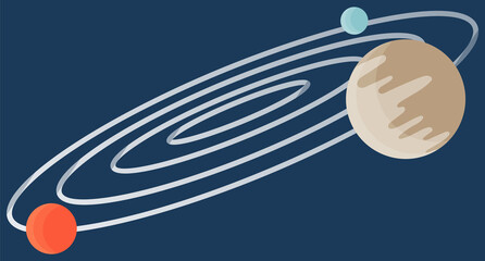 Cartoon fantastic planet on dark blue space background. Saturn made of gases with ring of ice and dust. The planets of the solar system are moving in a circle cartoon flat vector cosmic object © robu_s