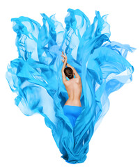Woman Beauty Body Back Side View. Slim Girl Model in Blue Flying Fabric on Wind. Isolated White